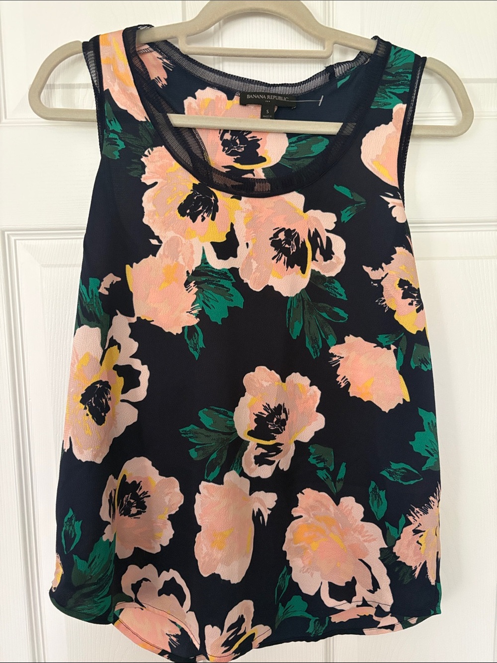 Banana Republic Navy Floral Tank with Pink & Green Blooms Razorback